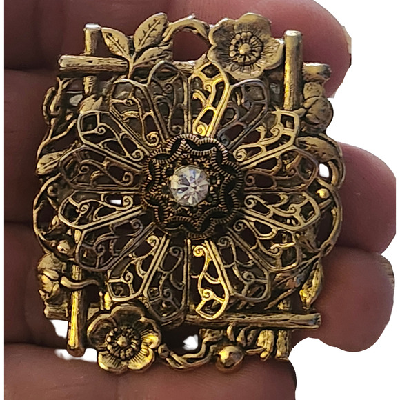 Vtg Filigree Floral Flower Blossoms Gold Tone Rhinestone  Pin Brooch - Picture 2 of 3